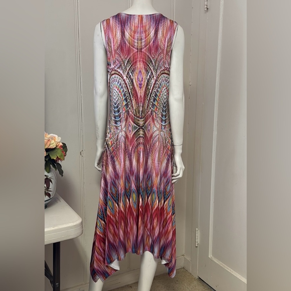 ONE WORLD STARAC Maxi Dress BOHO Crochet Lace Colorful Rainbow Abstract Print M - Picture 4 of 12
